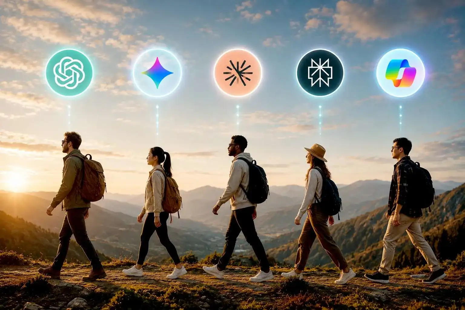 Hikers walking along a mountain ridge with glowing AI platform icons like ChatGPT and Gemini floating above, illustrating AI travel assistants.