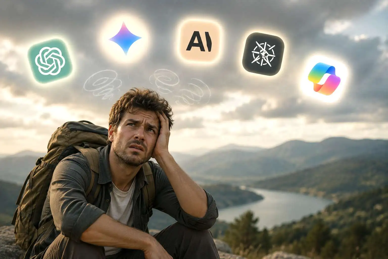 A confused male traveler with a backpack looking stressed beneath floating AI app logos in a scenic landscape, showing AI travel assistant overwhelm.
