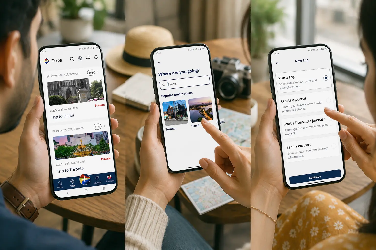 Hands holding smartphones displaying trip itinerary and booking apps, demonstrating practical AI travel assistant tools.
