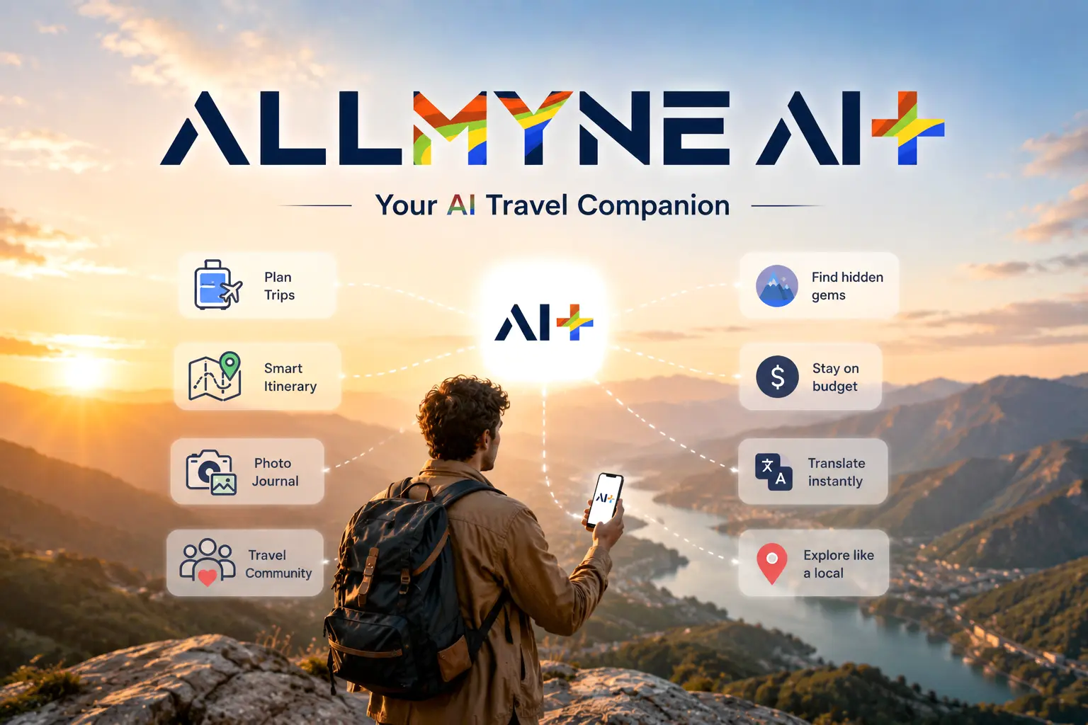 A backpacker standing on a mountain peak looking at his phone with the ALLMYNE AI+ Your AI Travel Companion promotional banner features.
