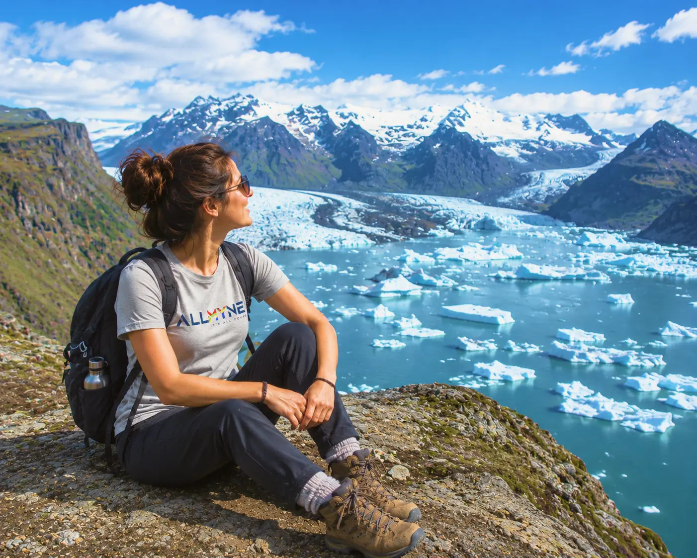 Solo female traveler sitting on a grassy mountain cliff overlooking a glacial lagoon in Iceland.