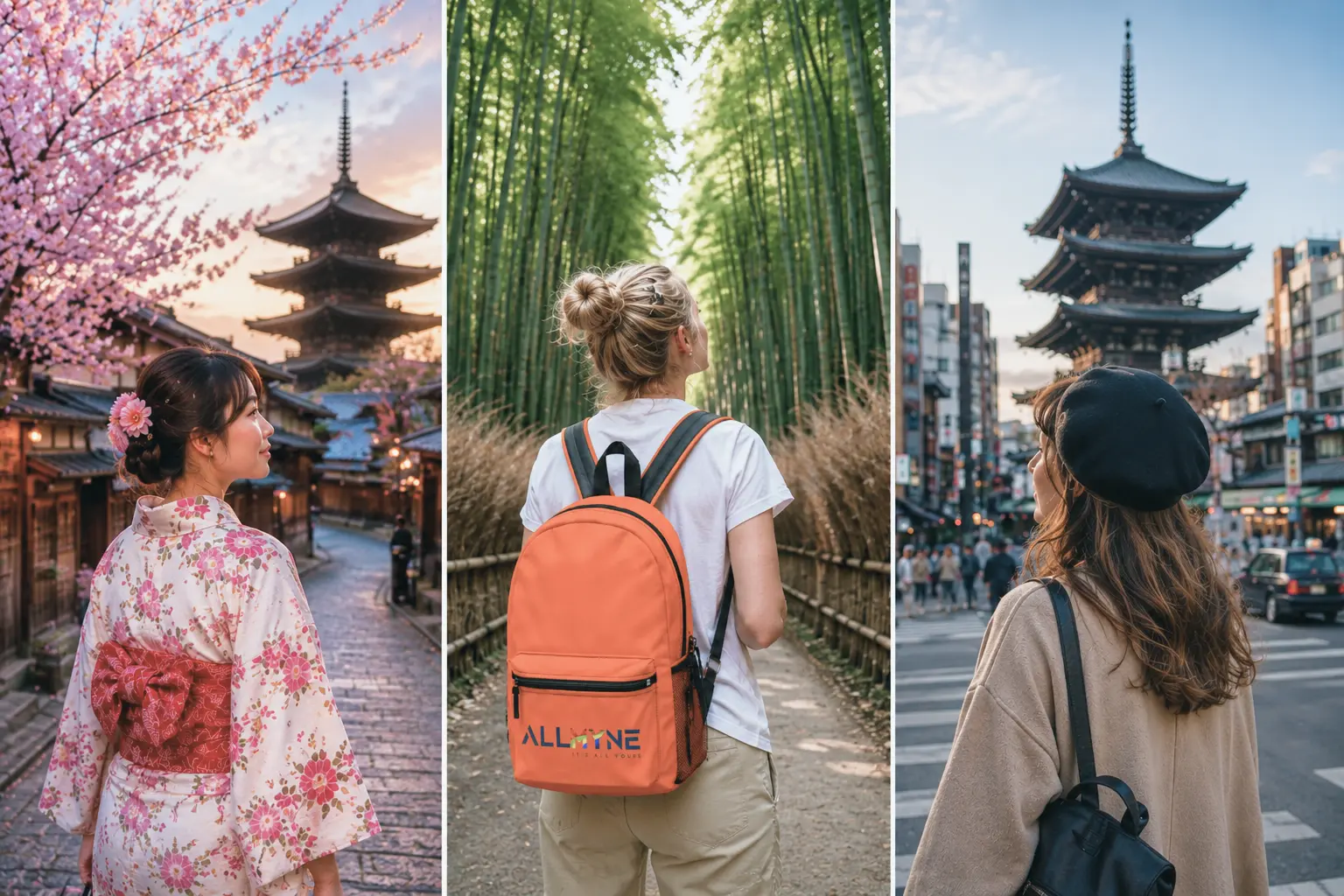 Collage of women solo travelers in Japan: a woman in a kimono with cherry blossoms, a hiker in a bamboo forest, and a traveler by a pagoda.