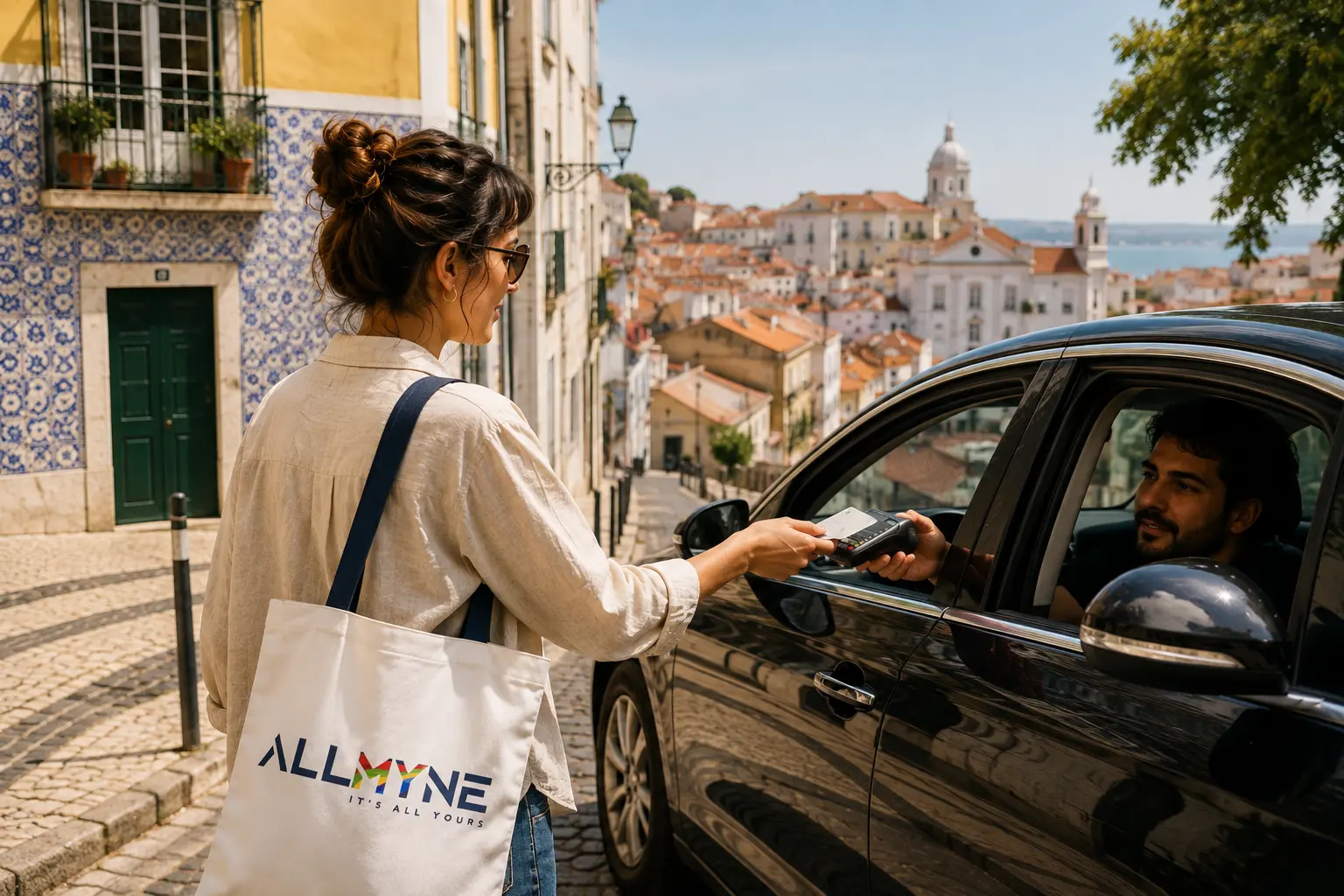 Solo female traveler paying a rideshare driver in a car on a European city street with tiled buildings.