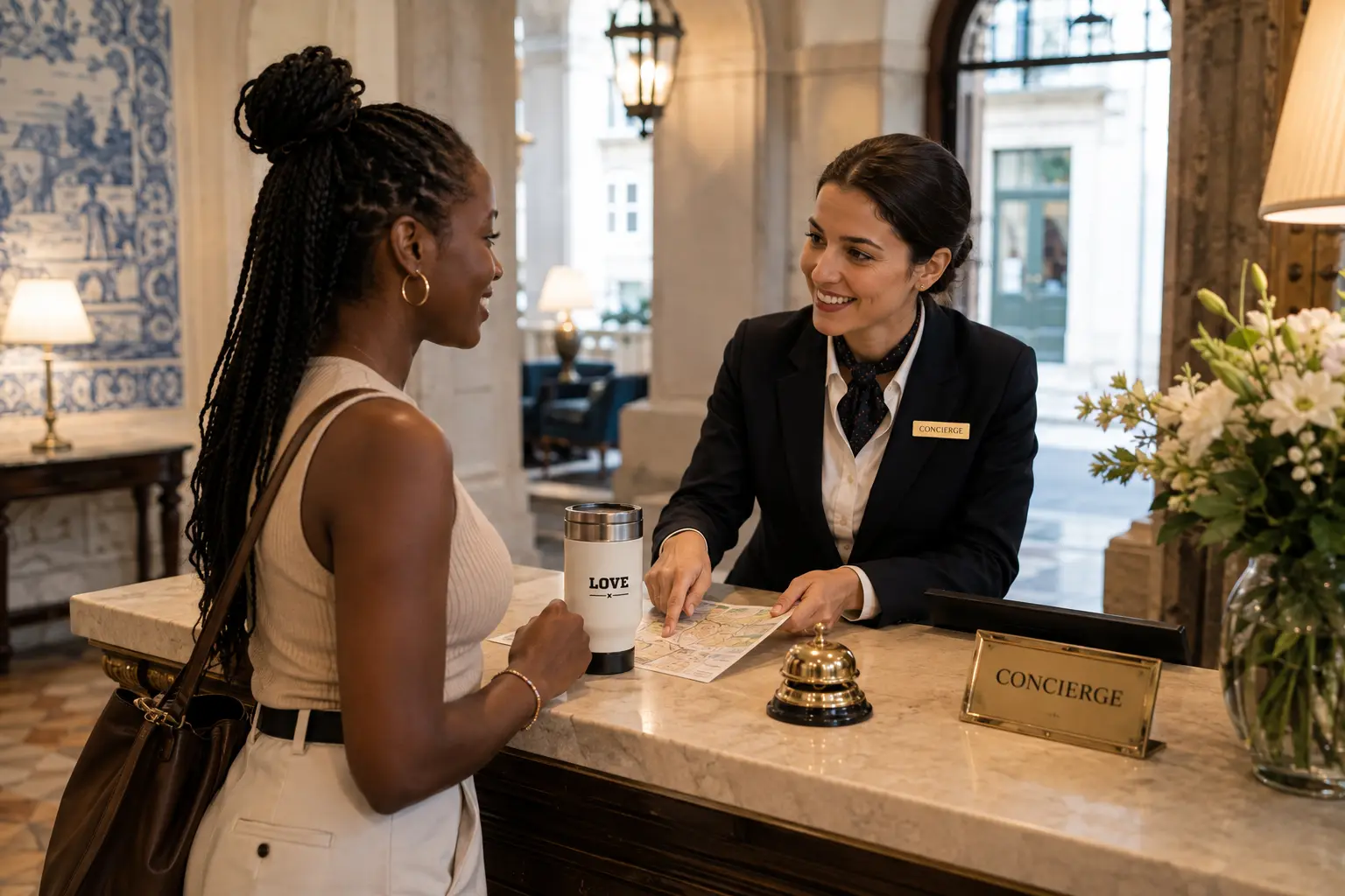 Solo female traveler speaking with a hotel concierge at a reception desk in a boutique hotel.