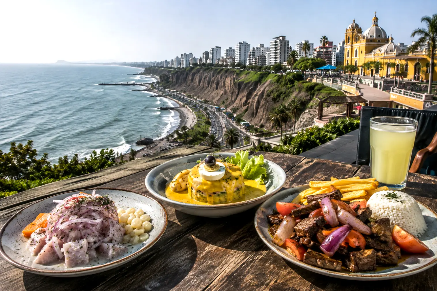 Scenic view of the Miraflores coastal cliffs in Lima Peru with classic Peruvian dishes in the foreground.
