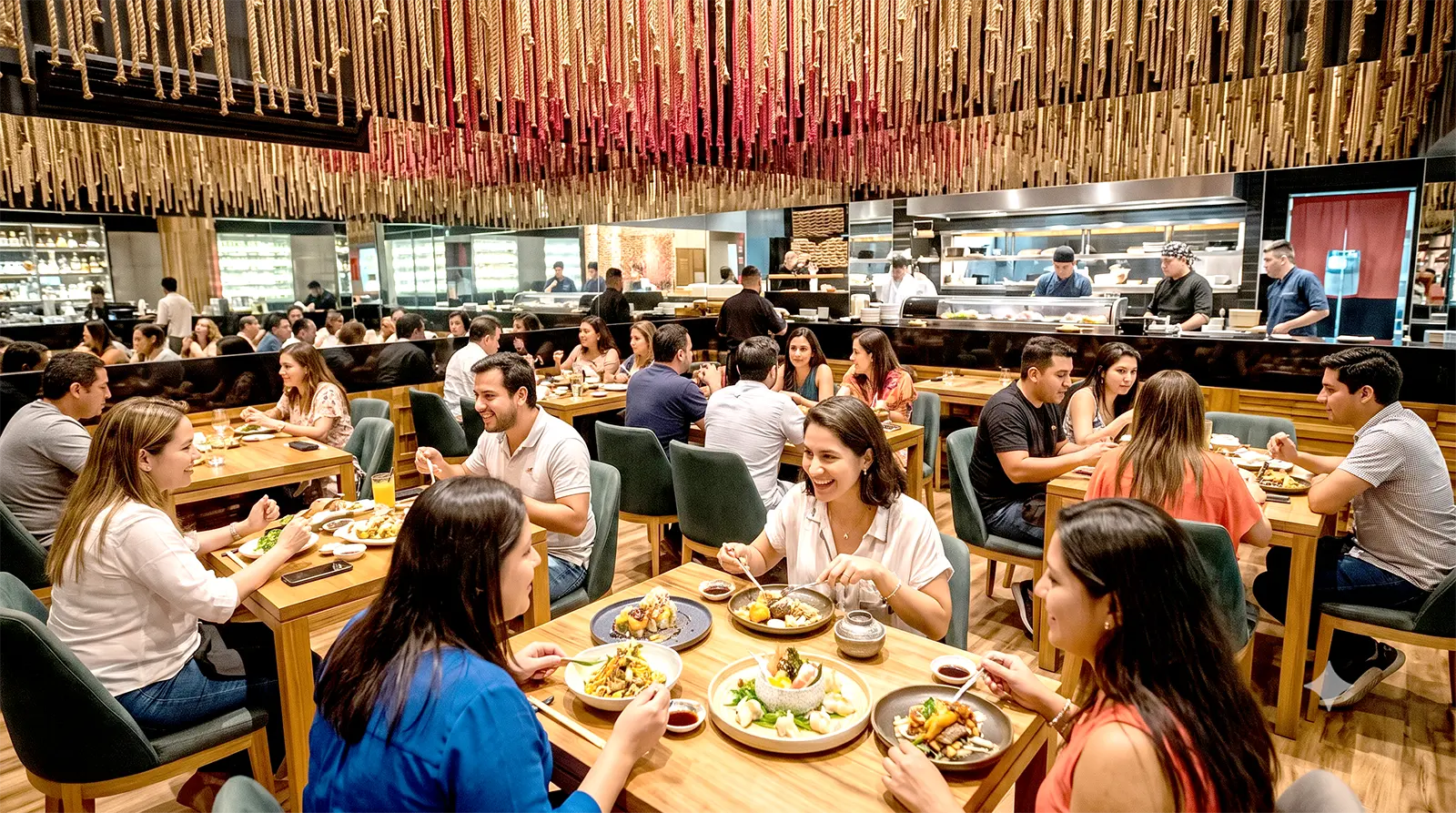 Diners enjoying Nikkei cuisine inside the warm, wood-accented main dining room at Maido in Lima, Peru.