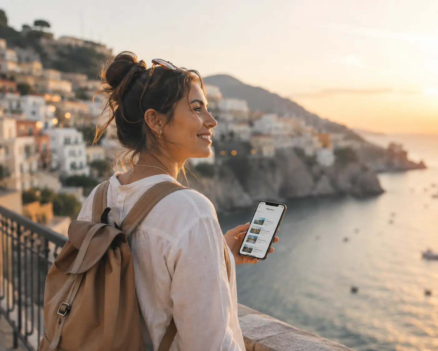 Female solo traveler looking out over a coastal town at sunset holding a smartphone with a travel app.