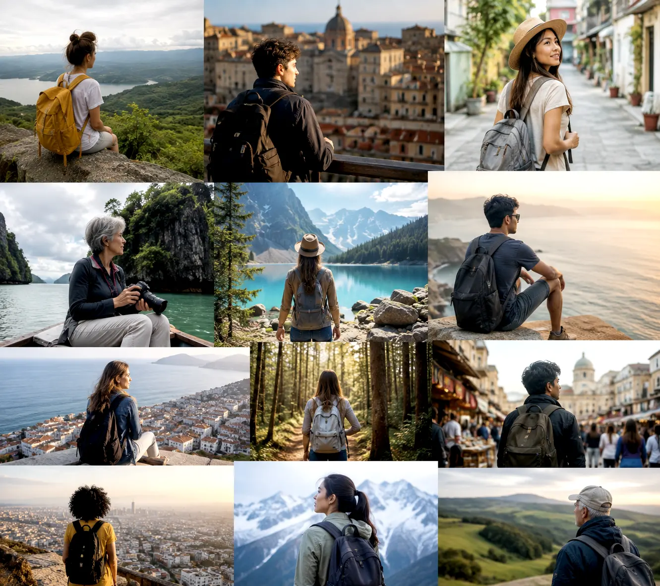 Collage of diverse solo travelers of different ages exploring global destinations as solo travel trends rise.