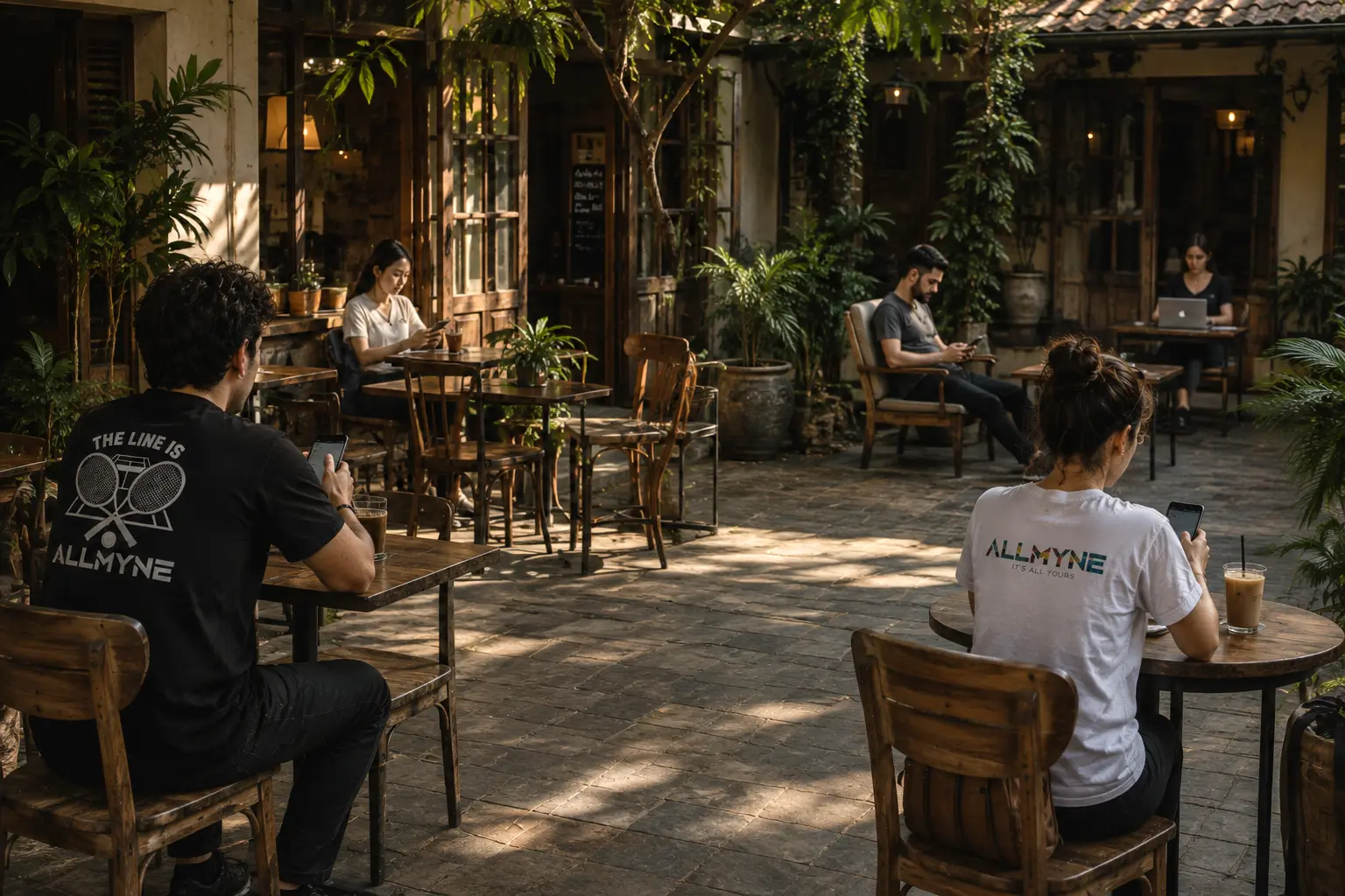 Solo travelers sitting at outdoor cafe tables working on laptops and using smartphones in a courtyard.
