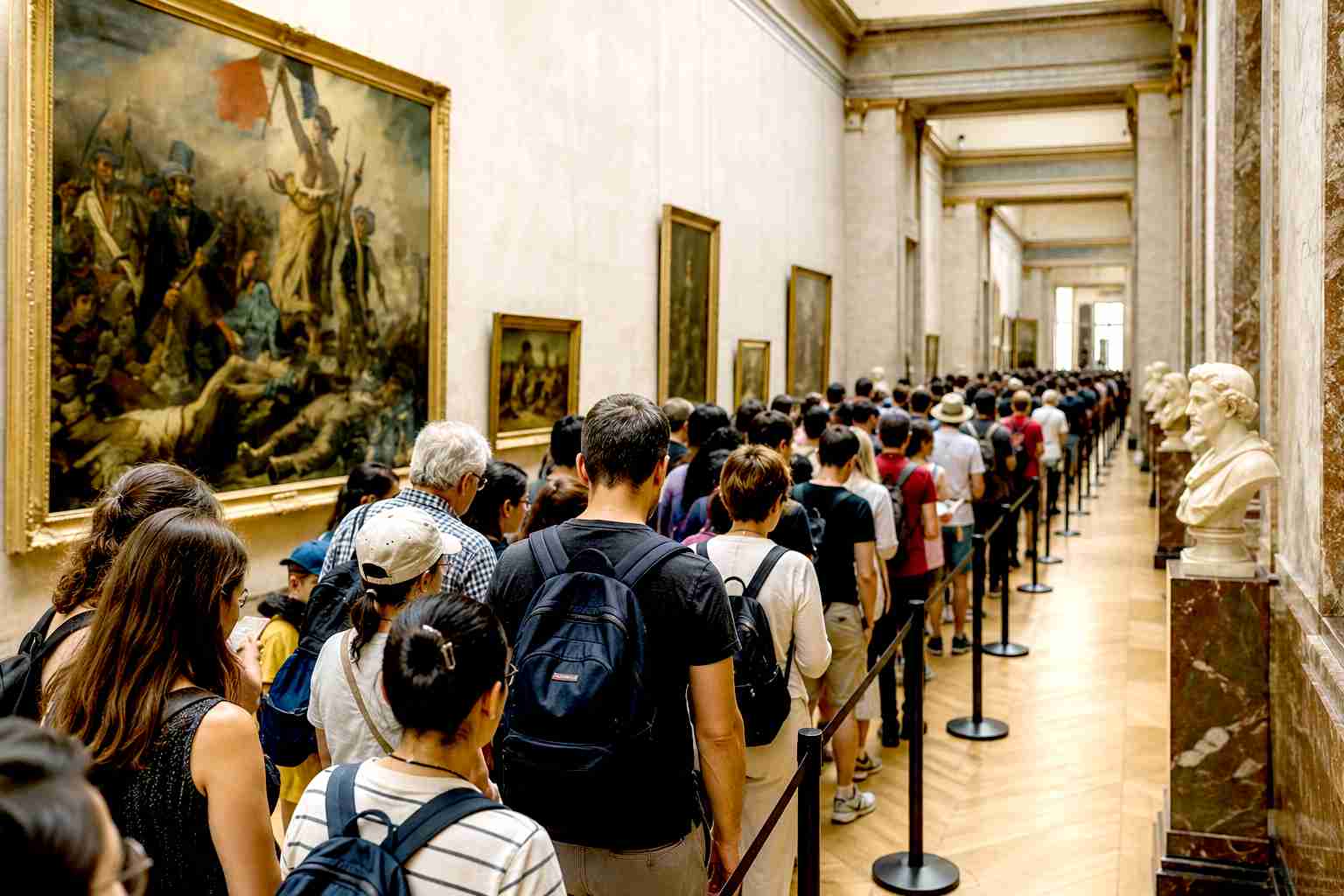 Crowded museum hallway with tourists queuing past classic paintings, demonstrating overtourism issues.