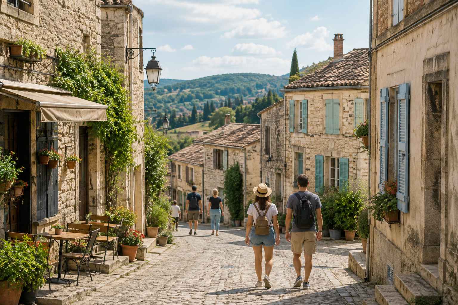 Two travelers walking down a quiet cobblestone street in a small European village, practicing anti-tourism travel.
