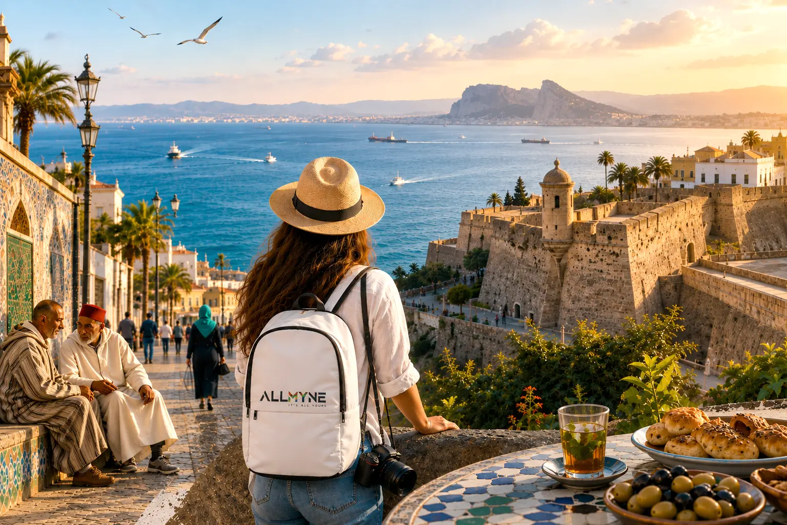 A female traveler wearing a backpack sitting on a scenic wall in Ceuta overlooking the Mediterranean Sea, demonstrating smart travel packing.
