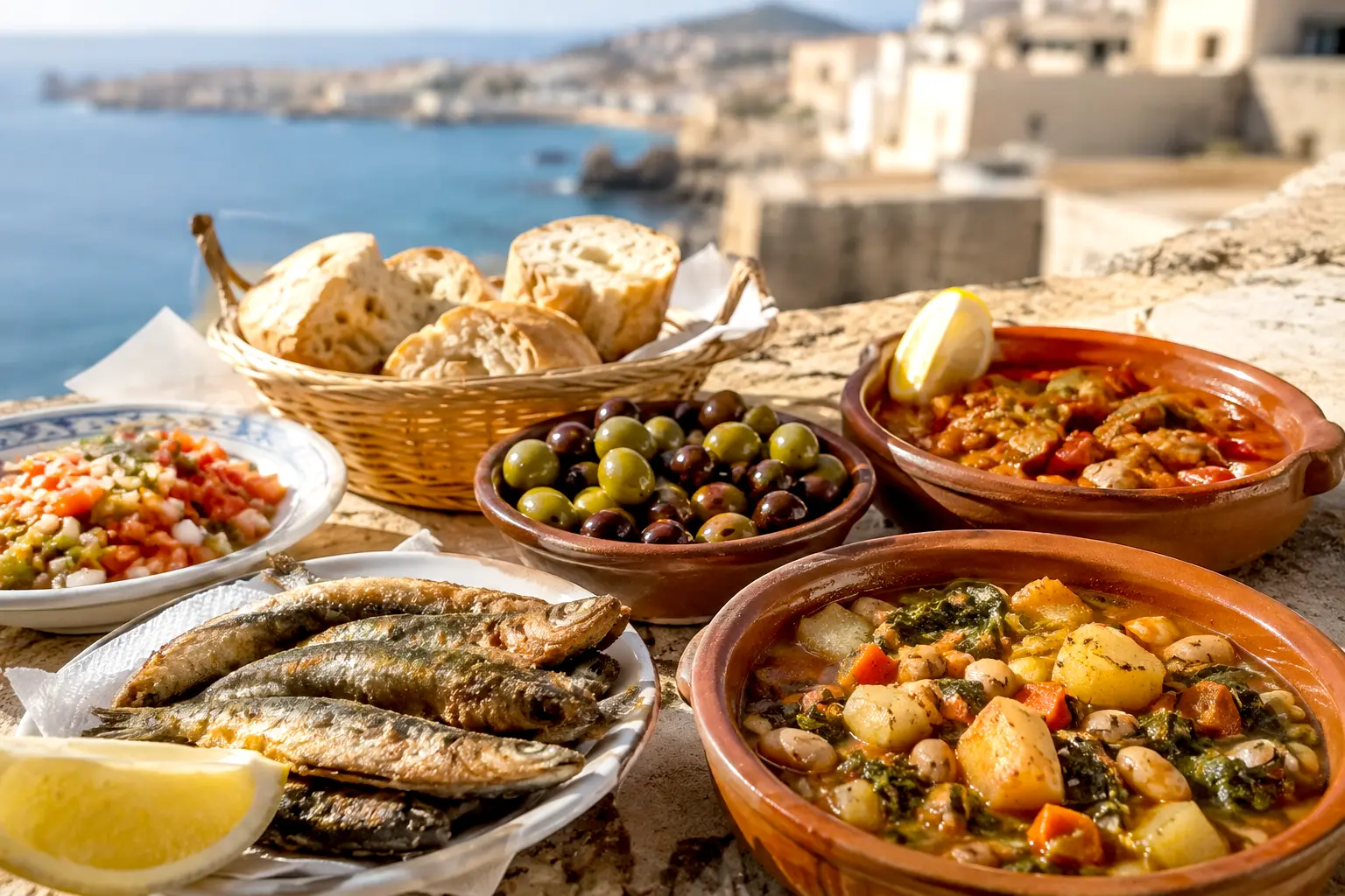 Traditional Ceuta cuisine spread featuring fried sardines, fresh olives, Mediterranean salad, and tajine on an outdoor terrace.