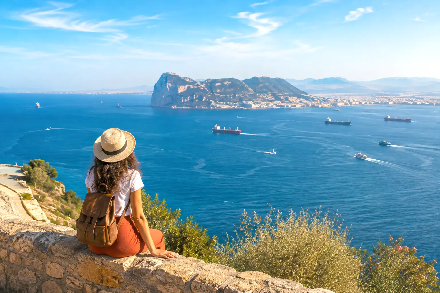 A female traveler sitting on a stone wall at Monte Hacho overlooking the Mediterranean Sea and the Rock of Gibraltar from Ceuta, Spain.