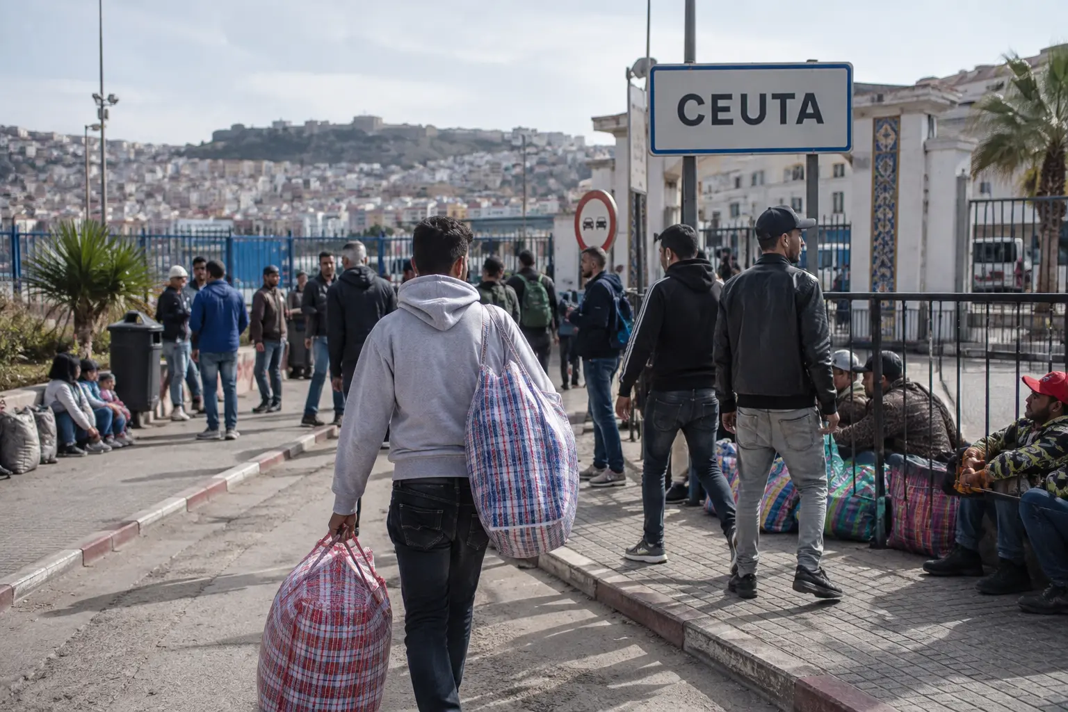 Pedestrians carrying bags near the large Ceuta sign at the Bab Sebta border crossing between Morocco and Spain.