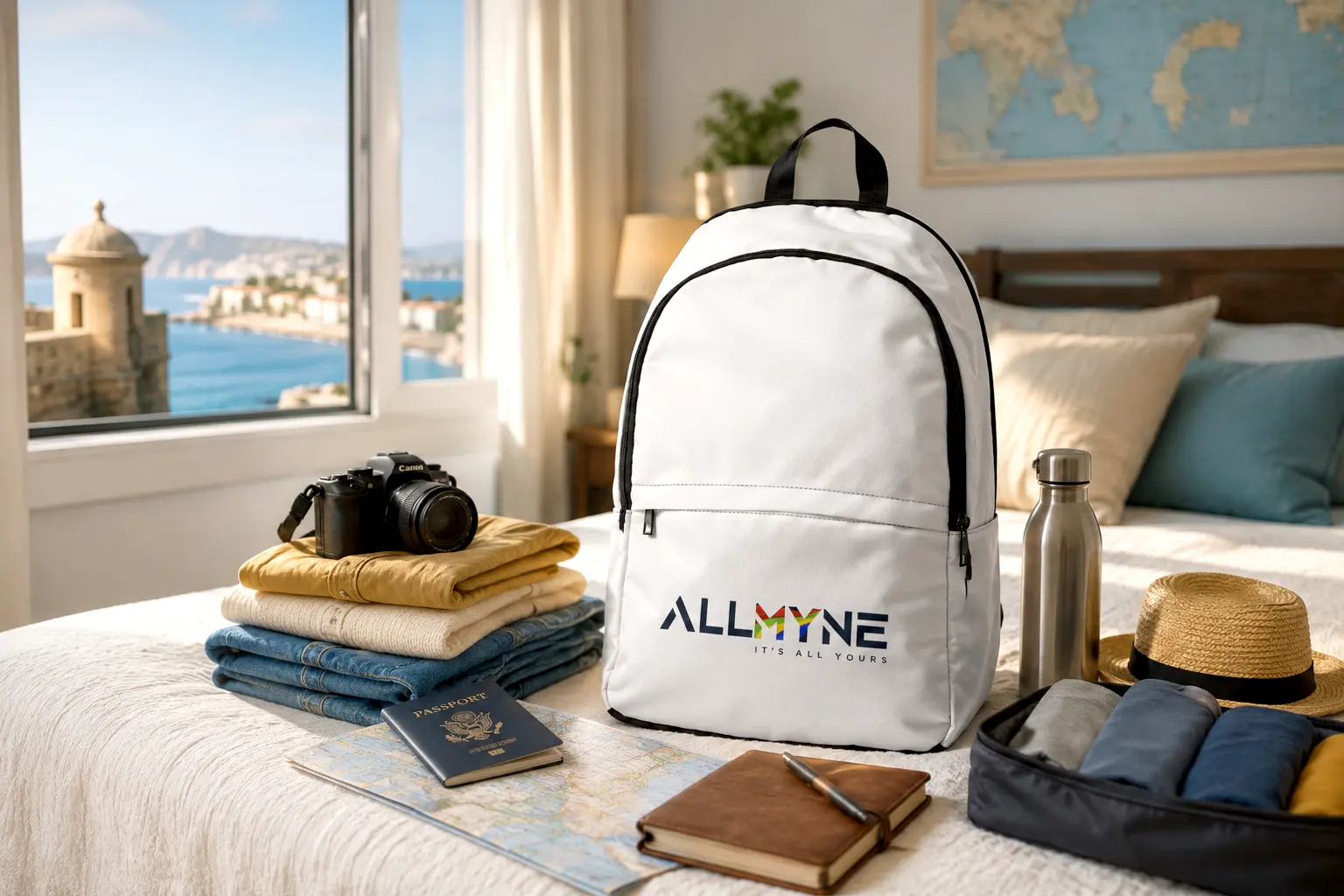 An organized travel packing setup featuring an ALLMYNE backpack, neatly folded clothes, packing cube, camera, and travel journal on a hotel bed.